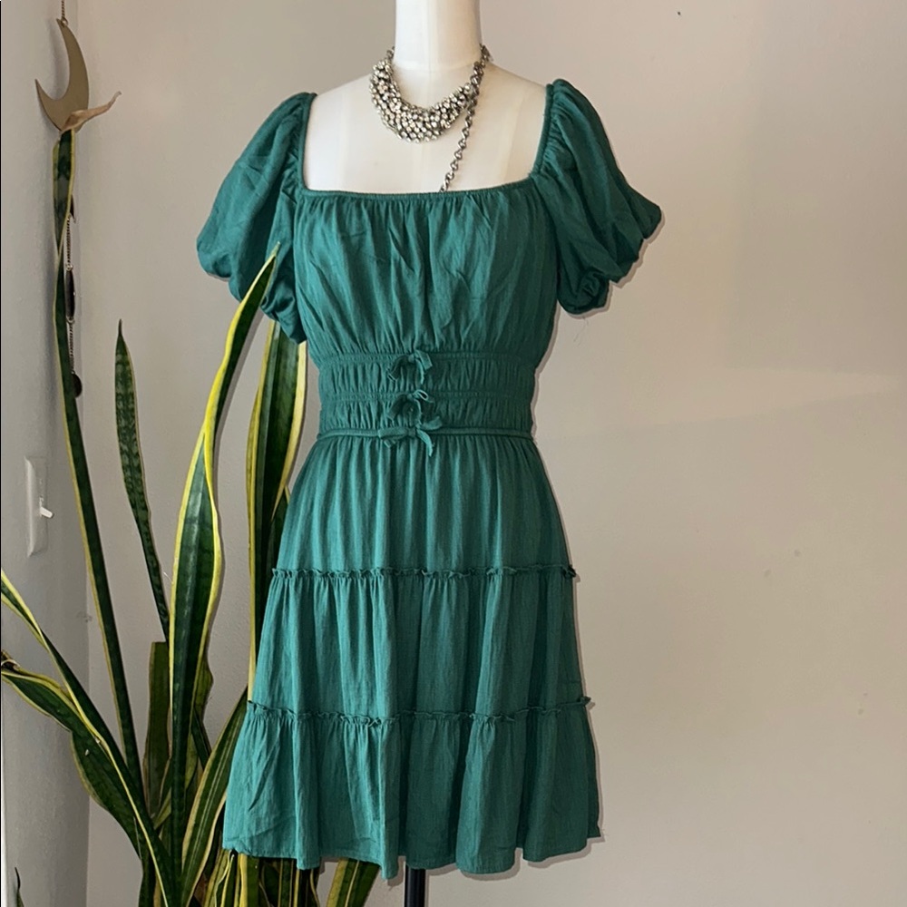 Trixxi Green Milkmaid Coquette Dress Renaissance Peasant Bows Cinched Waist